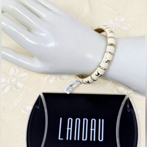NEW LANDAU Gold Clear Rhinestone Cream Hinged Bangle Bracelet